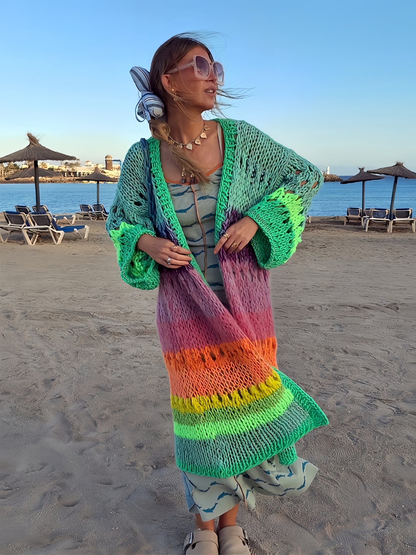 Luxurious hand- colorful Women's warm coat gradient bright color retro lantern sleeve ribbon cardigan fashionable boho long chic Women's coat Swimsuit Cover-ups K12