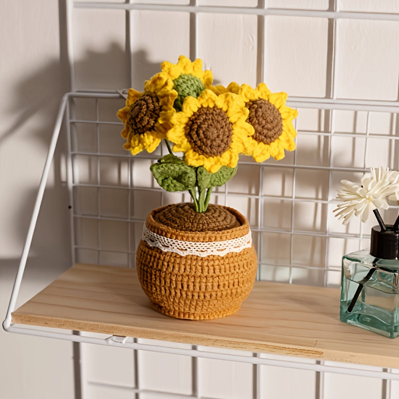 Room Decoration 1 Handmade Crochet Sunflower Potted Plant,Positive Vibration Polyester Fiber Desktop Decoration,Suitable for Living Room,Home Decoration,Christmas Decorations,Best Gift