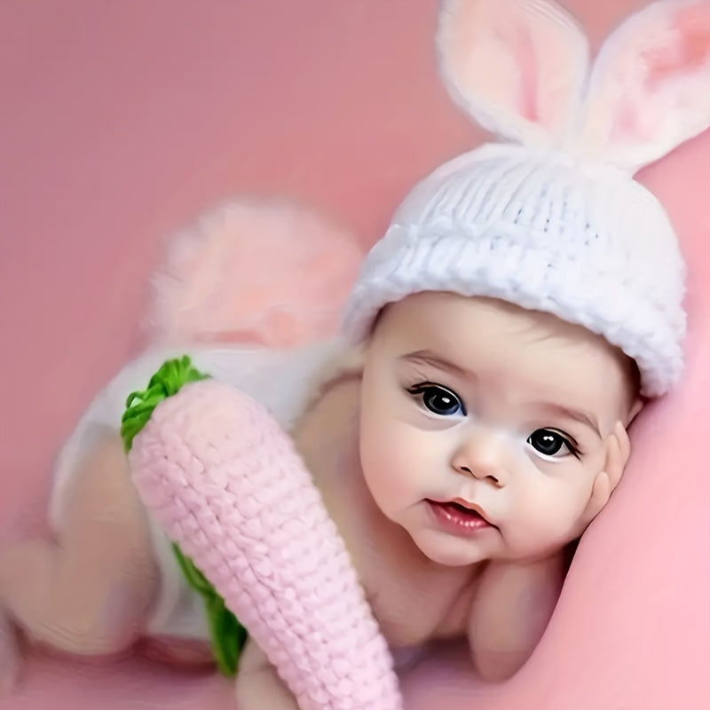 One Set Handmade Cotton Blend Newborn Baby Rabbit Costume,Baby Bunny Photography Props,Crochet Costume with Ears Hat and Carrot Accessories