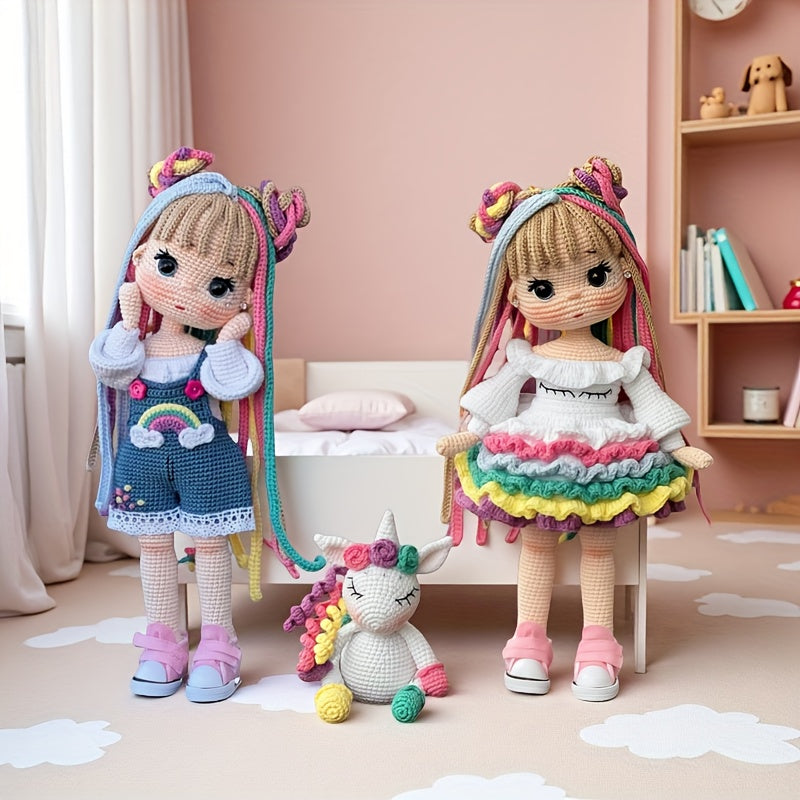 3pcs Adorable Sister Flower Hair Accessories Crochet Kits - Rainbow Girl & Unicorn Dolls with English Instructions - DIY Crochet Tote Bag, Perfect for Birthdays, Valentine'S Day, Weddings, Thanksgiving Gifts, All-Season Crafts, Birthday Crafts | Playful D