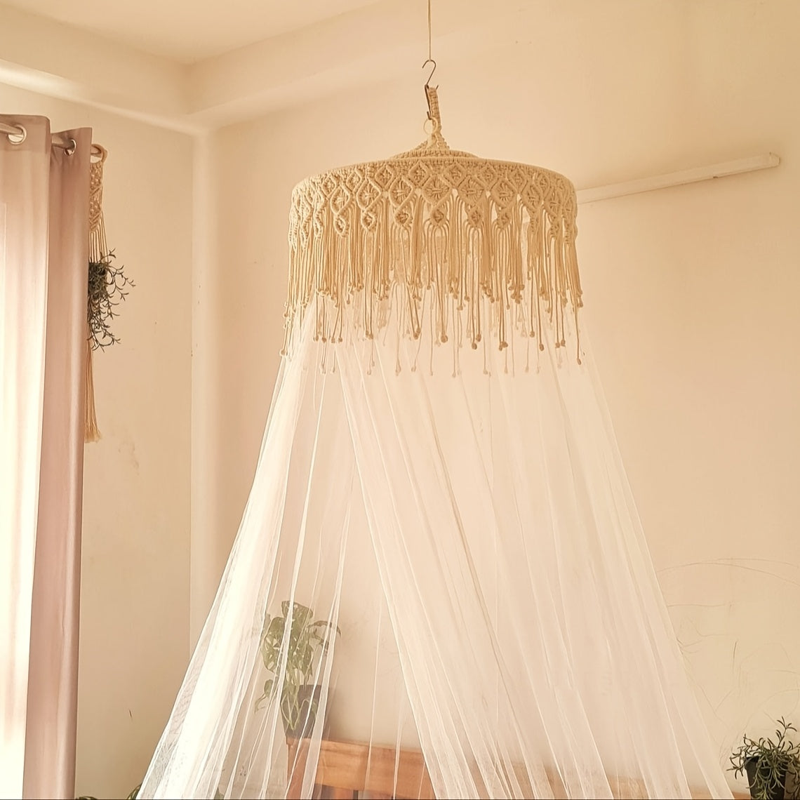 1Large Bohemian Style Woven Lampshade - Long Tassel Ceiling Light Shade,Beige/Waterfall Chain Design,Suitable for Living Room、Bedroom、Terrace - No Power Supply Required,Decorative Lighting Accents,Artistic Home Decor,Hand-woven Fabric,Exclusive for Interi