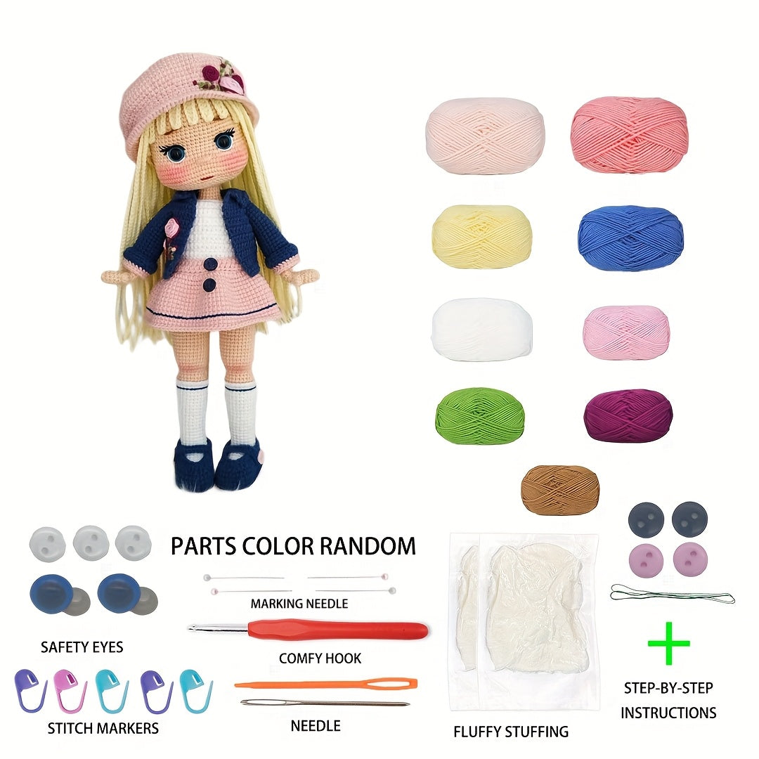 1Pieces/Set,Amigurumi Adult Crochet Handcraft DIY-Beginner's Crochet Kit for Characters,Academy Style Yellow Long-Haired Girl,Includes everything needed for crochet,Paper English Basic Knitting Tutorial Manual,Detailed instructional videos suitable for be
