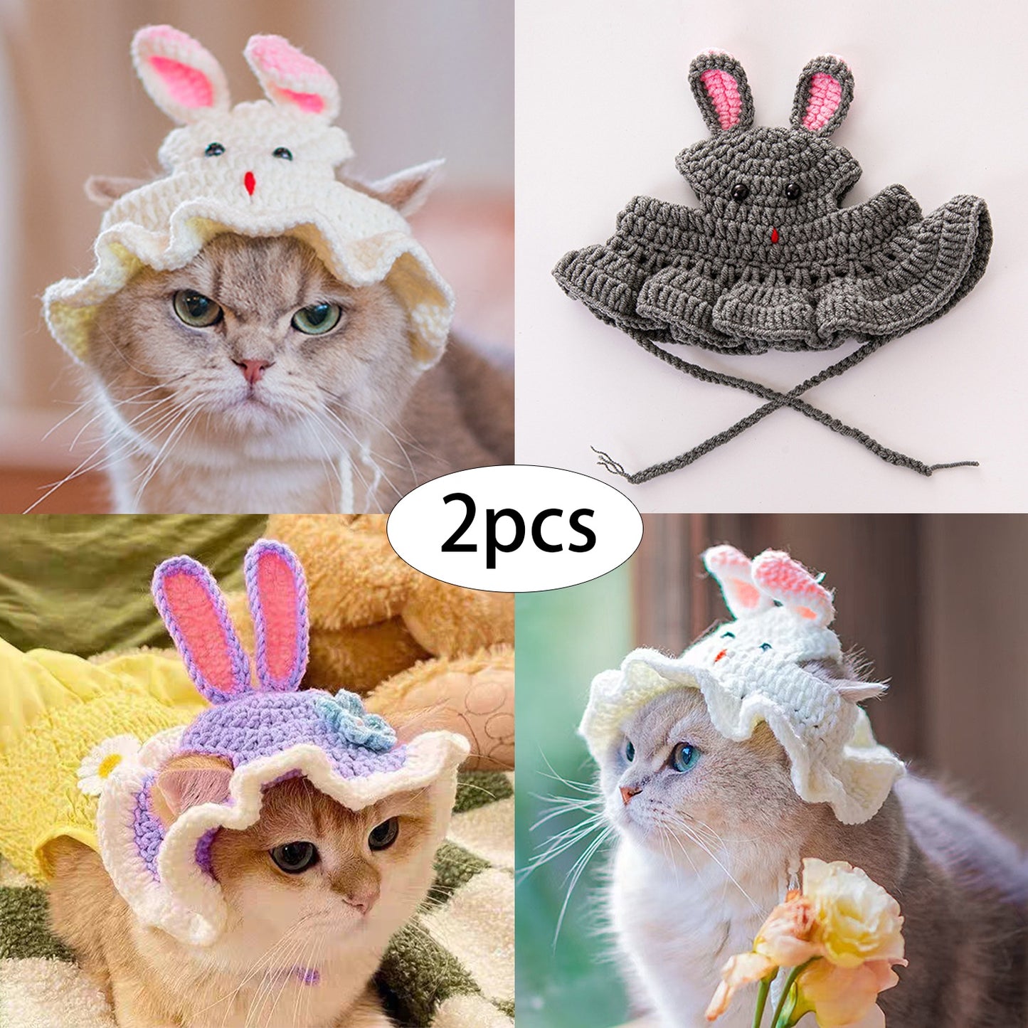 2Elegant Crochet Cat Hat with Bunny Ears,Ruffled edges and floral decorations - 100% Polyester Pet Clothing for Small to Medium Cats - Birthday、Holiday and Travel Photography Accessories - Comfortable Pet Clothing,Cute Bunny Theme,Comfortable Close-Fittin
