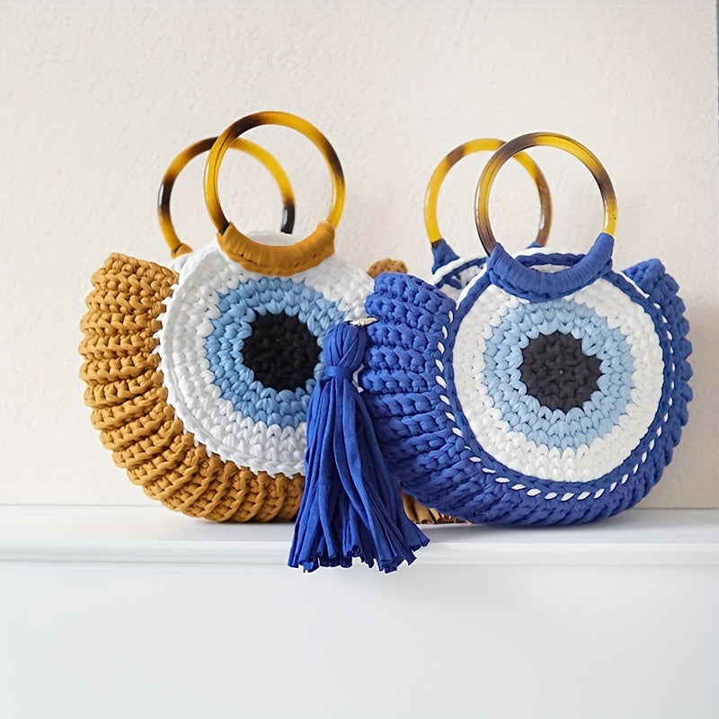 Handmade Crochet Large Capacity Bohemian Tote Bag,Eye-catching Geometric Patterns and Strap Details,Perfect for travel and outdoor activities