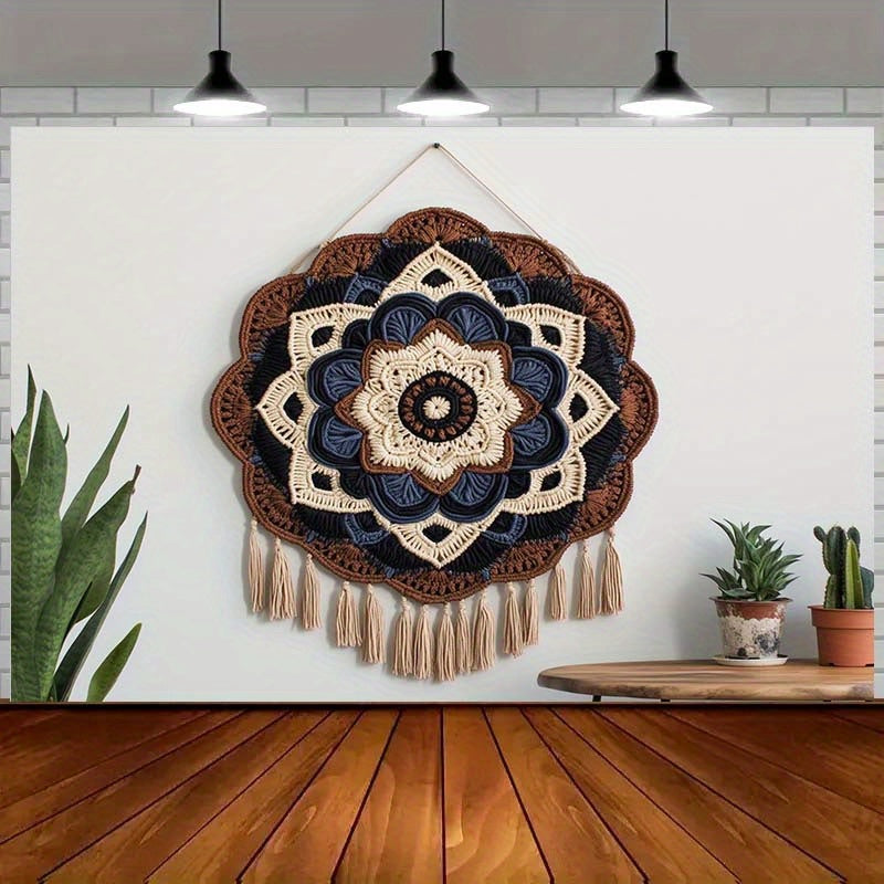 1Bohemian Mandala Wall Hanging Canvas - The Art of Complex Crochet,Designed with tassels,Plant Decoration Theme for Living Room and Outdoor Celebrations,Suitable for Party,2D Banner