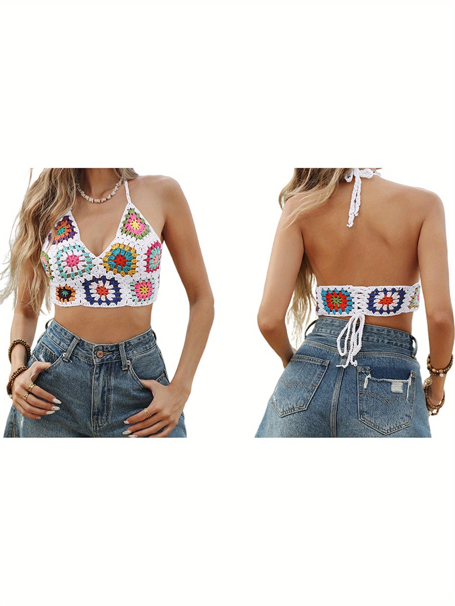 Womens Cami Tops Sleeveless Tie Halter Neck Crochet Floral Camisole Tops Summer Shirts