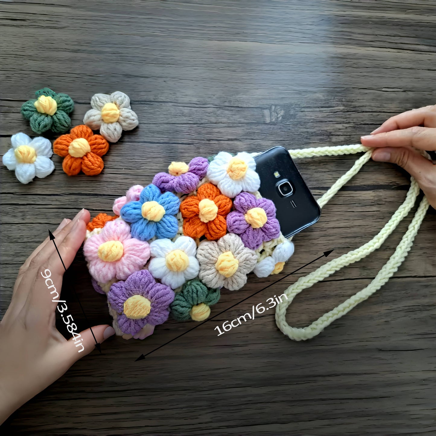 1 Beginner Crochet Kit for Making a Flower Phone Bag,Including English teaching videos、Crochet Kit for Adults