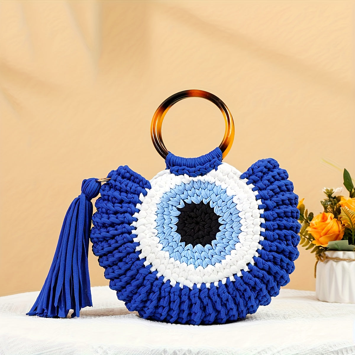 Handmade Crochet Large Capacity Bohemian Tote Bag,Eye-catching Geometric Patterns and Strap Details,Perfect for travel and outdoor activities