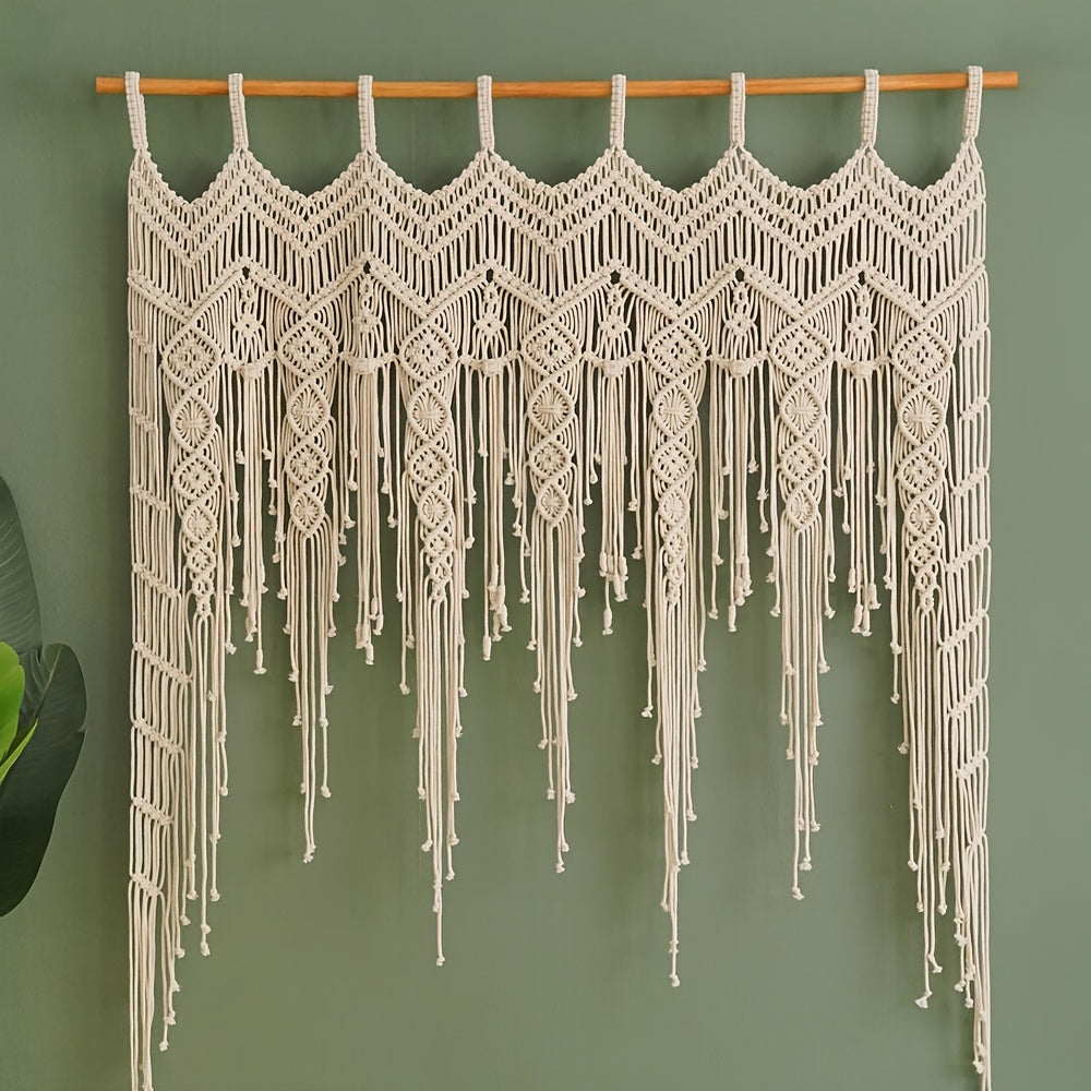 1Pieces Macrame Wall Hanging Bohemian Style Wall Decoration Tapestry Curtain Valance Short Door Curtain Handwoven Lace Tassel Leaf Curtain Partition Curtain - Does not include wooden sticks