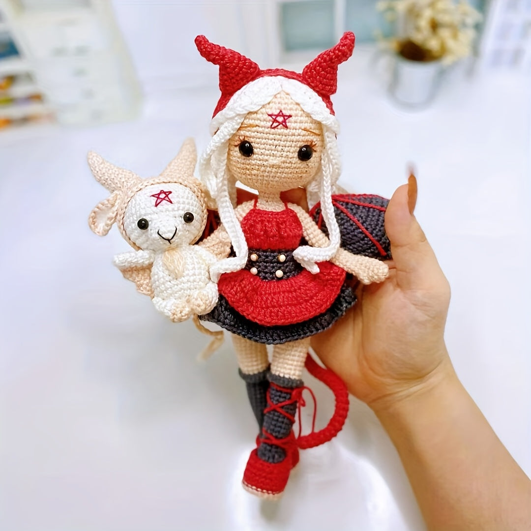 2Pieces/Set,Amigurumi Adult Crochet DIY,Red and White Witch and Little Devil,Suitable for Beginners,Includes all necessary materials for crochet,Paper English Basic Knitting Tutorial Manual,Exquisite Gift Bag,Healing Character Figurines,Can be used as a k