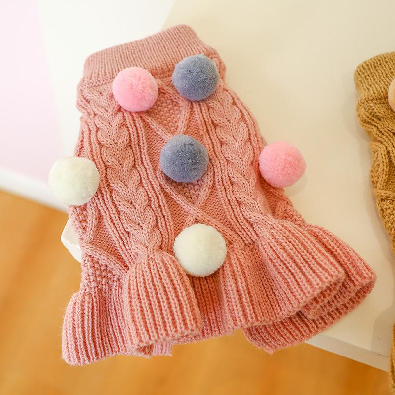 Puppy Pet Clothes Autumn Winter Knitted Warm Sweater Teddy Bichon Small Dog Pullover Yarn Dress-Pleated Wool Dress