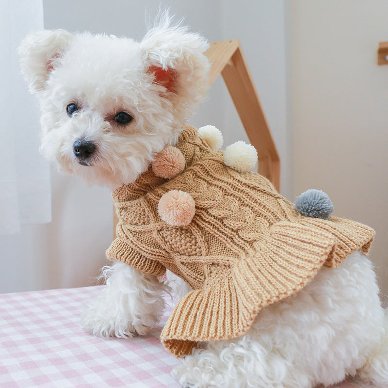 Puppy Pet Clothes Autumn Winter Knitted Warm Sweater Teddy Bichon Small Dog Pullover Yarn Dress-Pleated Wool Dress