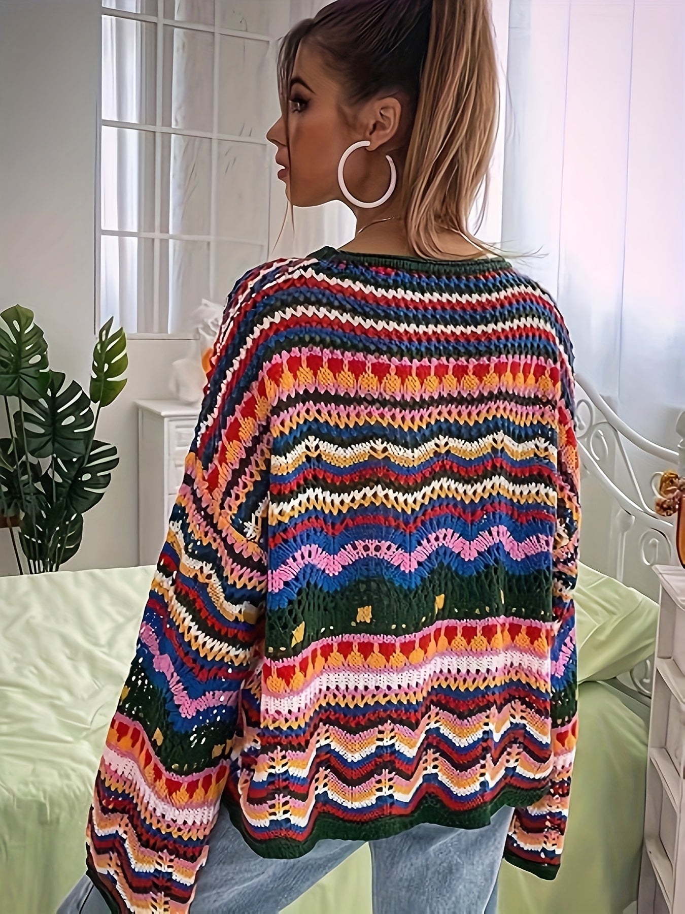 Plus-Size Women's Bohemian Color-Block Sweater - Semi-Sheer Drop Shoulder Crochet Top with Round Neck, Short Length & All-Season Casual Elegance, Crochet Sweater, Relaxed Fit Top, Vacation Style Clothing, Semisheer Fabric