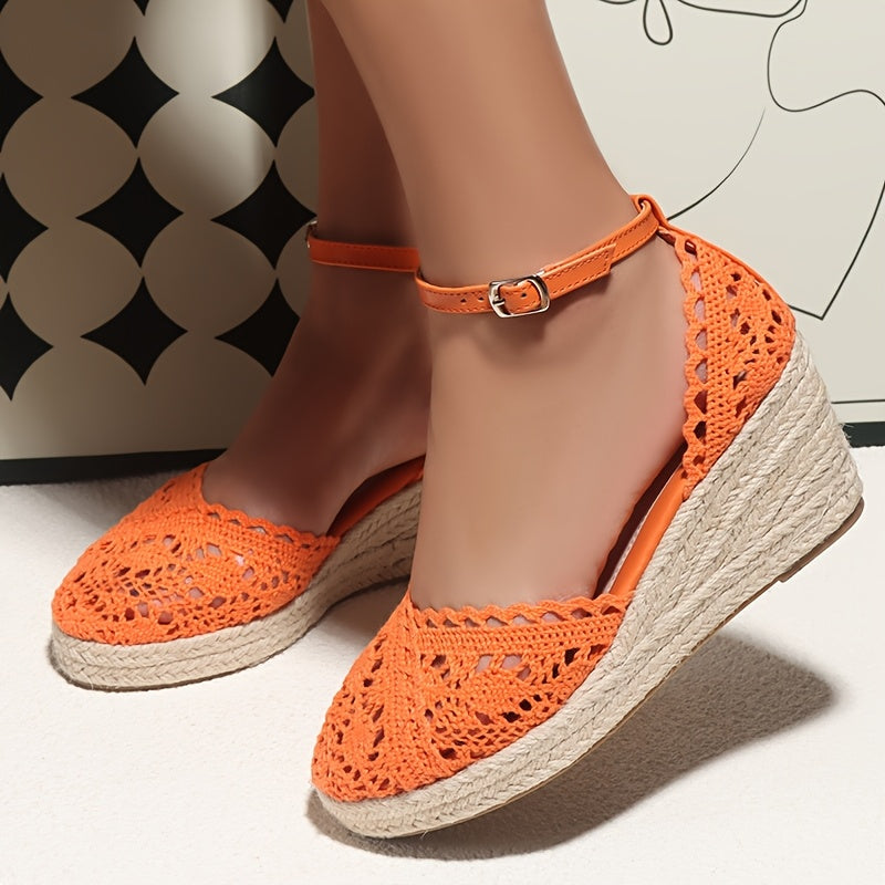 Elegant Women'S Fashionable Flat Sandals - Orange Crochet Design, Thick Sole, Ankle Strap with Buckle, Round Toe, Comfortable High-Heel Sandals for Summer, Casual Footwear | Crochet Sandals | Platform Sandals
