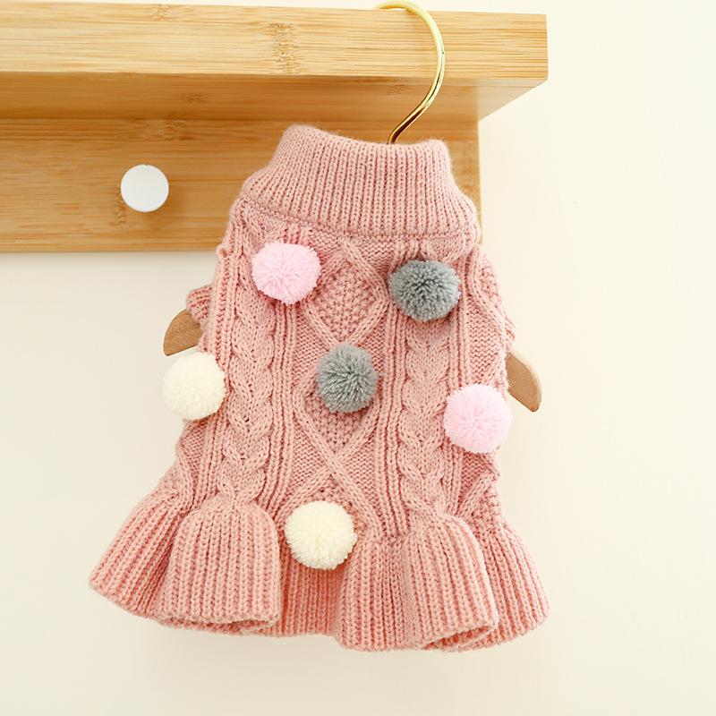 Puppy Pet Clothes Autumn Winter Knitted Warm Sweater Teddy Bichon Small Dog Pullover Yarn Dress-Pleated Wool Dress