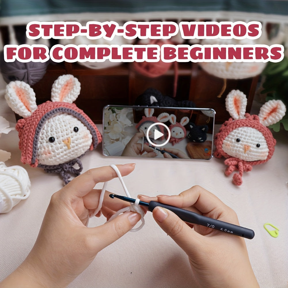 DIY Crochet Kit For Beginners, Handmade Rabbit Doll, Animal Crochet Easy Learn To Starter Knitting Kit And Occasion Fabric Material Pack For Festival, Adults DIY With Instructions And Video Tutorials