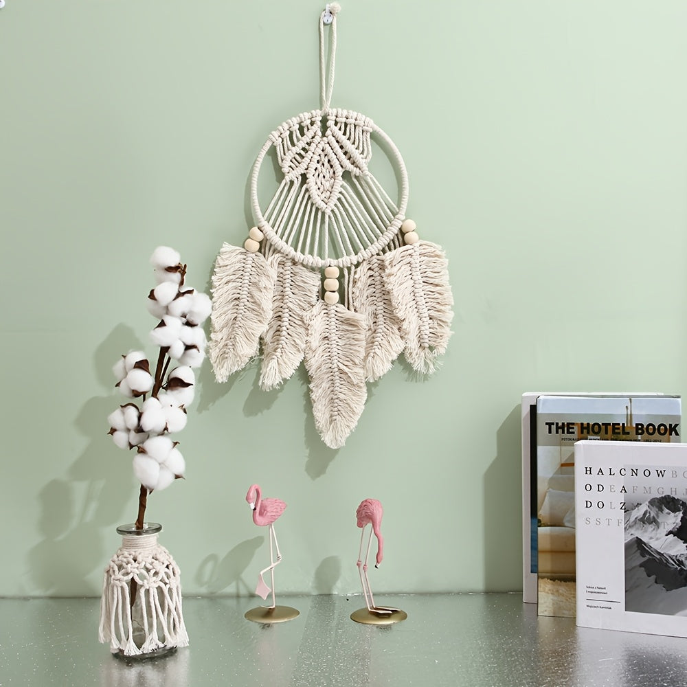 Bohemian Style Rope Wall Hanging Nordic Style Handwoven Hanging Decoration Cotton Rope+Wooden Bead Decorative Hanging Suitable for Bedroom Living Room Hallway Wall