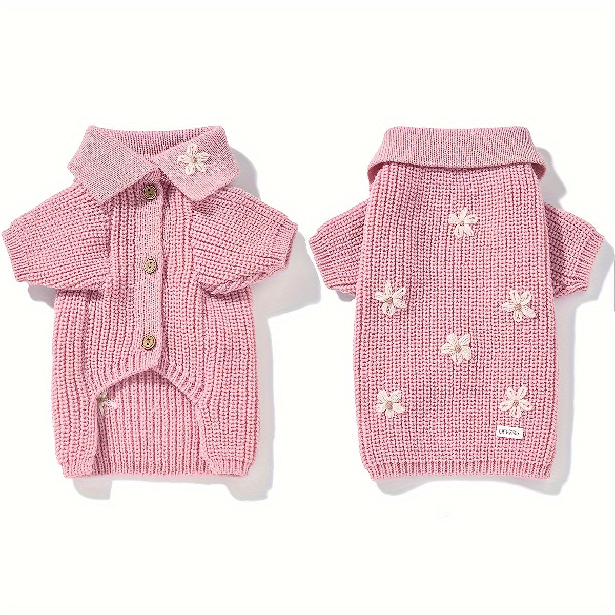 1Soft Knitted Pet Sweater,With floral button closure - All-Season Small Dog and Cat Cardigan,Pink and white edge design,Durable and Comfortable Pet Clothing,Exquisite Sewing,Breathable Material,Exclusive for Cat Lovers