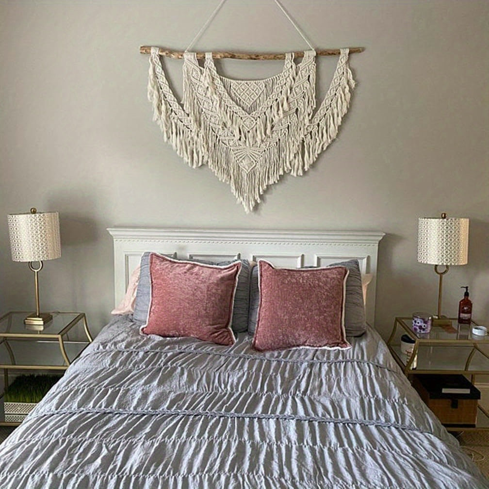 39 Inches Wide x 31 Inch Long Bohemian Style Driftwood Wall Hanging Tapestry,Featuring white tassels and intricate crochet patterns - Perfect for Bedroom、Living Room、Apartment and Wedding Decoration、Home Decoration and Accessories