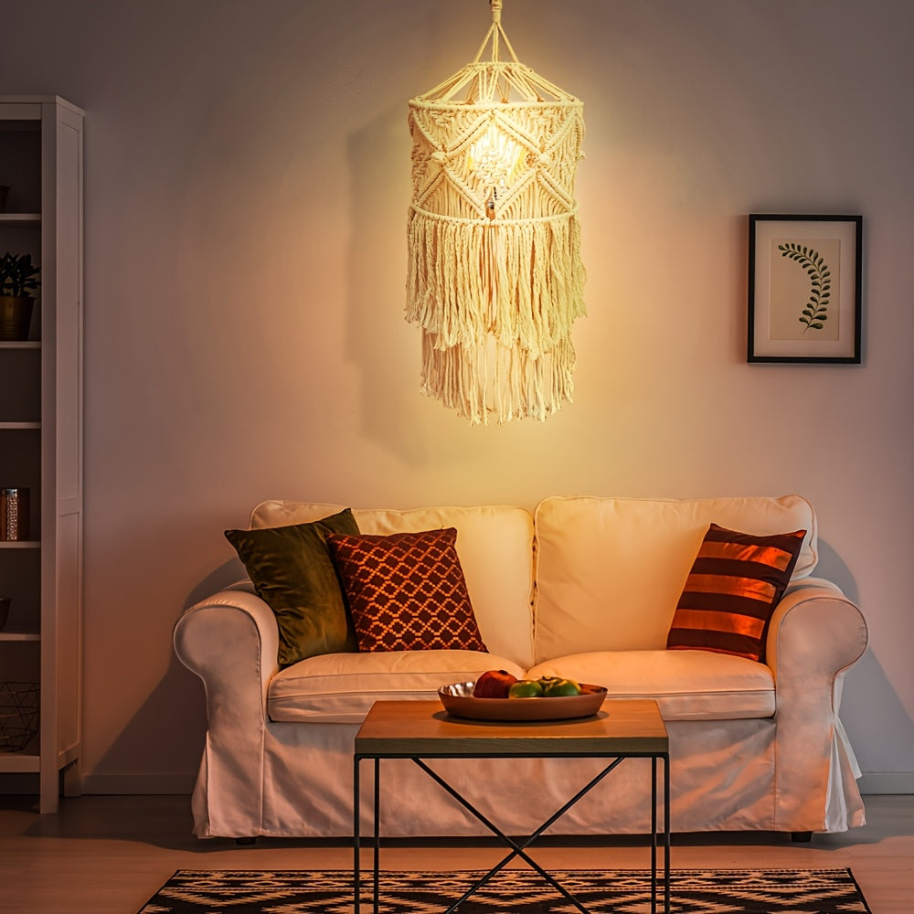 Bohemia style grids Handwoven Tassel Lampshade - Large Decorative Hanging Lampshade,No Battery Required(Lamp not included),Handmade,Chandelier