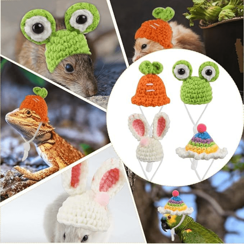 4 Pack of Handmade Crochet Animal Hats,Suitable for Hamsters、Small Pets and Reptiles - Polyester Comfort Hat,Decorated with cute ears and eyes,Suitable for Christmas and Winter