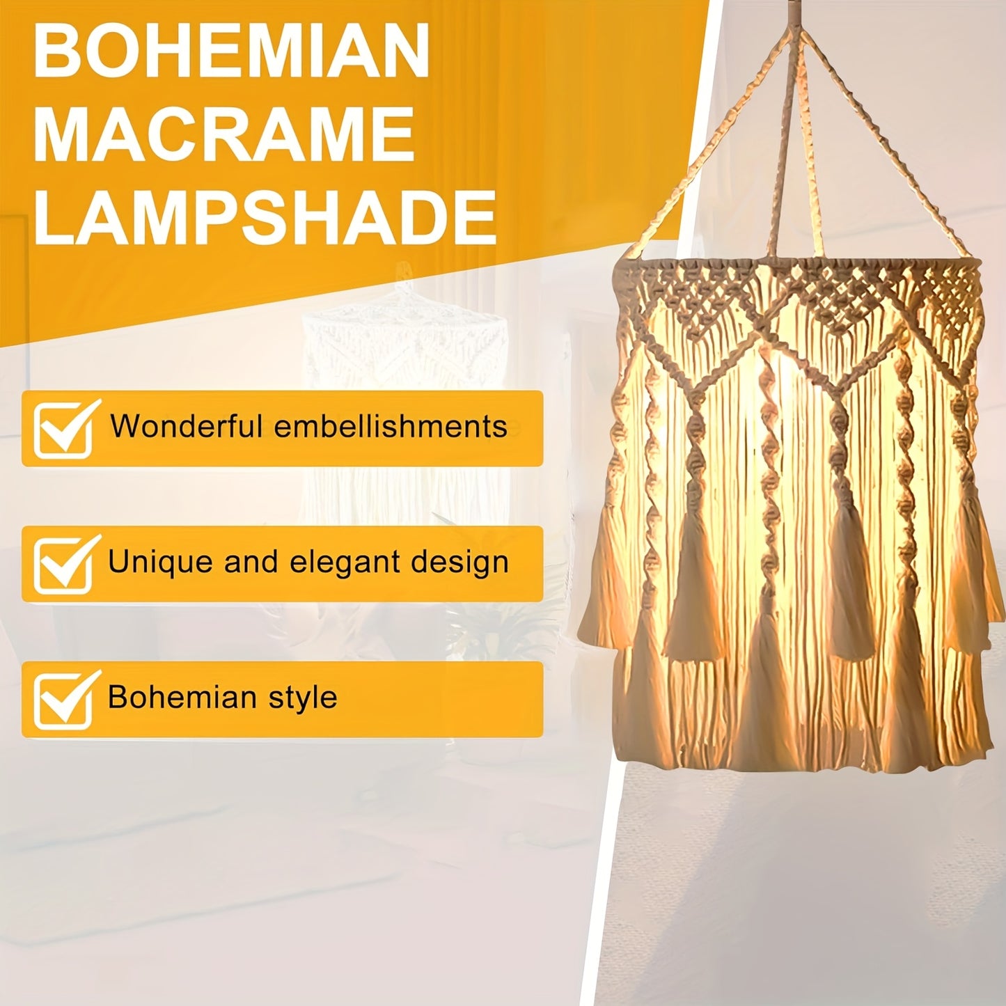 Bohemian Handwoven Fabric Lampshade,Suitable for desk lamps、Floor lamps and chandeliers - White,Rectangle,Fits most standard light fixtures,Artistic Home Decor,Living room lamp