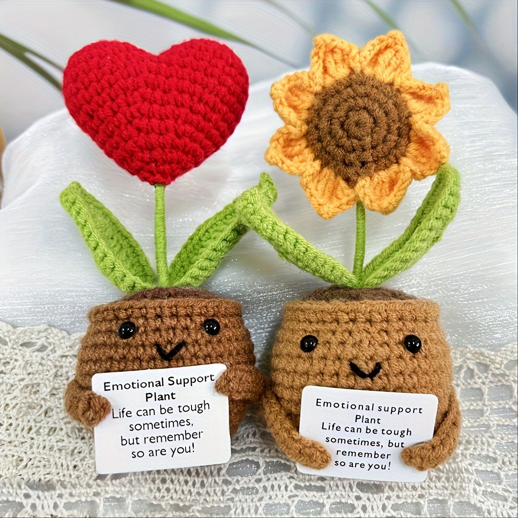 3 Handmade Soft Crochet Heart-Shaped Flower Pot,Decorated with sunflower,Emotional Support Plants,Suitable for birthday gifts and room decoration