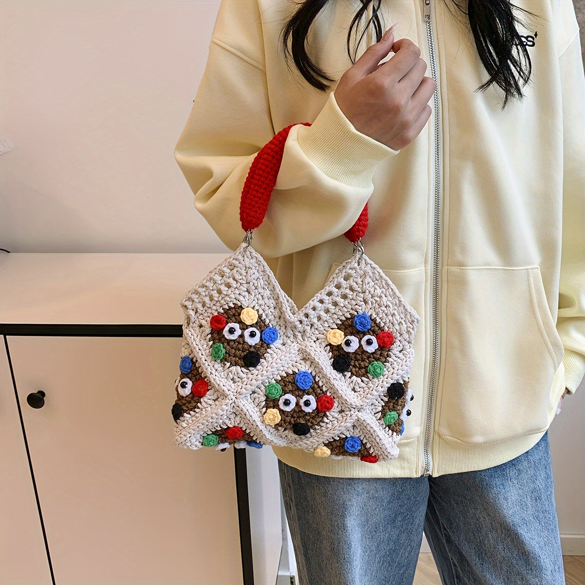 Trendy Hot-Selling Fashion Versatile Handmade Crochet Yarn Coal Ball Handbag(Finished Package)
