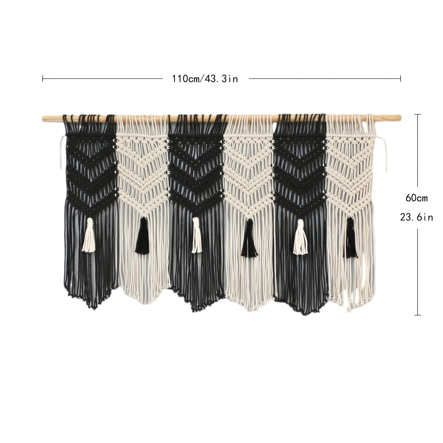 1Bohemian Style Black and White Contrast Fiber Art Tapestry with Tassels Flag Background Wall Hanging Handwoven Living Room Bedroom Bedside Fabric Partition Door Curtain - Does not include wooden poles