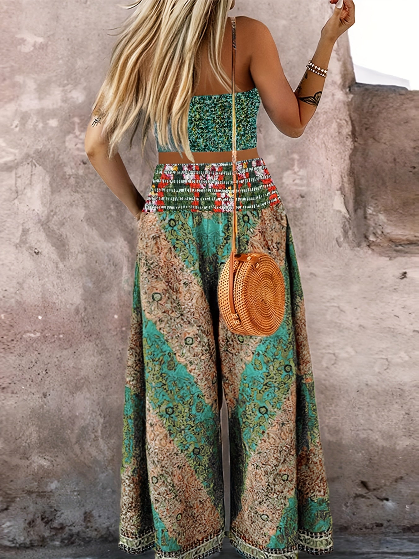 CHICME Elegant Geometric Print Crochet Top & A-Line Flare Pants Set - Sexy Short Sleeve, Waist Color Block, Shirred Detail, Polyester Blend, Perfect for Spring/Summer, Casual Attire|Geometric Print Top|Polyester Blend
