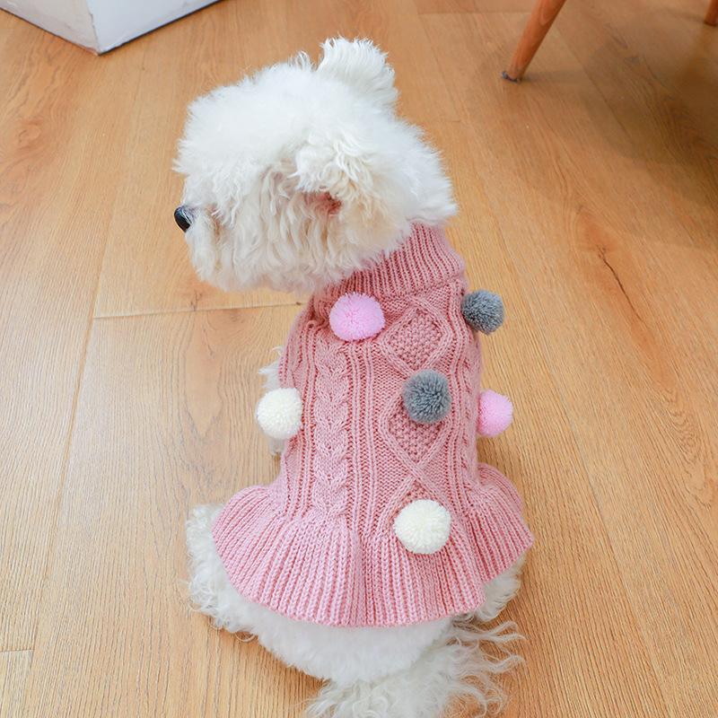 Puppy Pet Clothes Autumn Winter Knitted Warm Sweater Teddy Bichon Small Dog Pullover Yarn Dress-Pleated Wool Dress