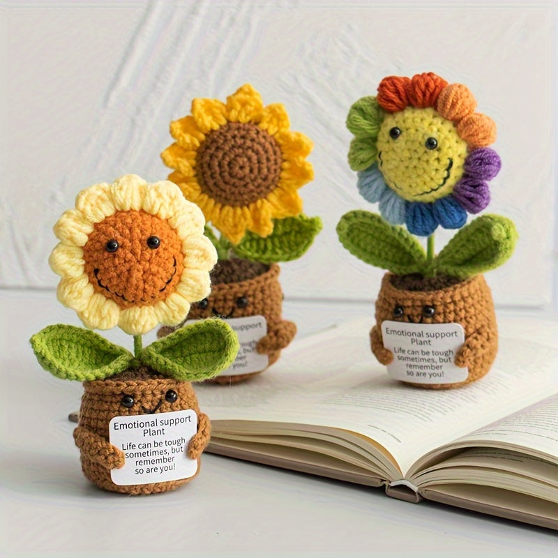 Handmade Crochet Sunflower Potted Plant with Inspirational Quotes - Rainbow Smiley Face Artificial Flower,Home、Office or desktop decoration - Mother's Day、Perfect choice for Valentine's Day or graduation gifts