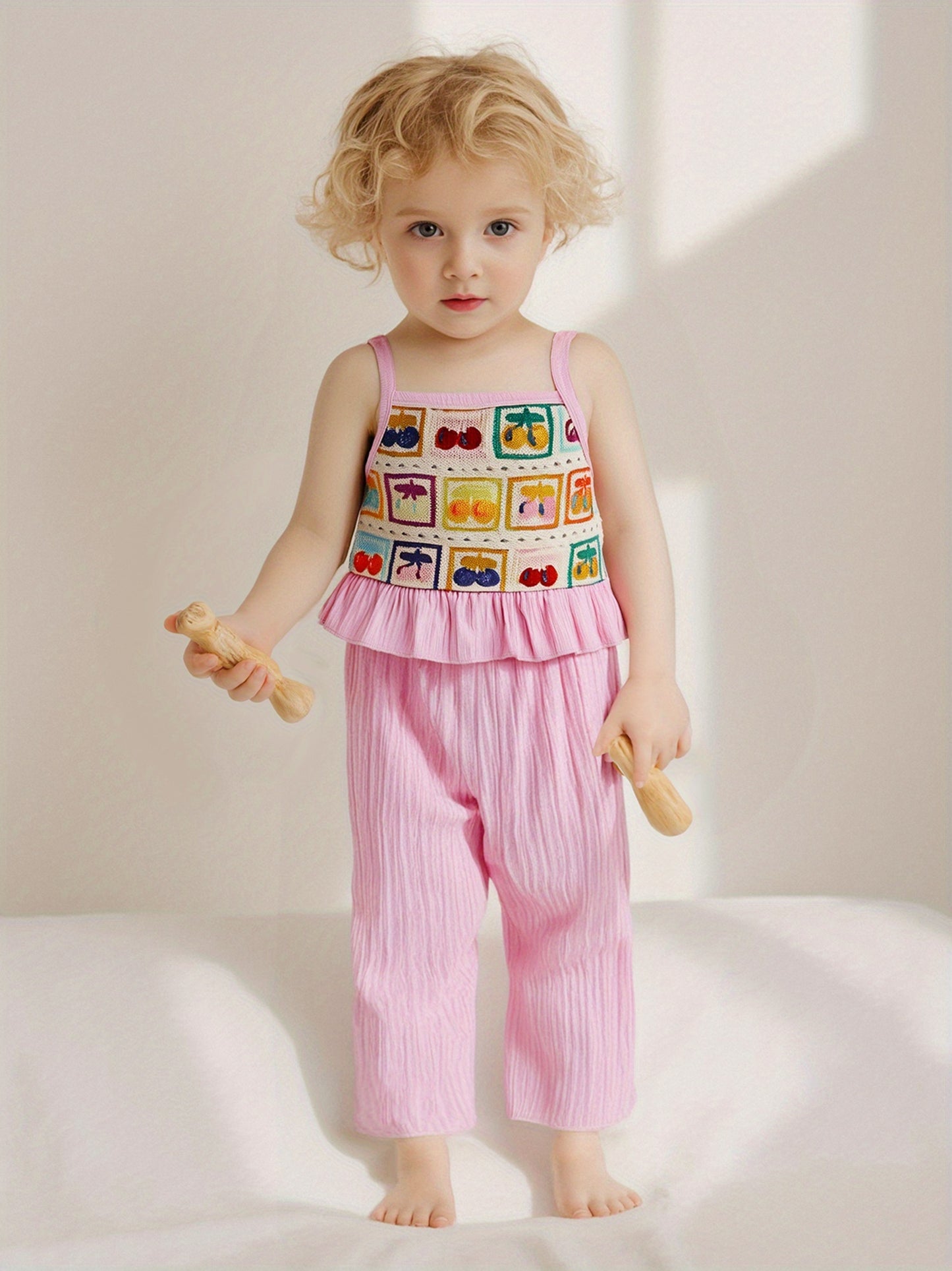 Toddler Girl 2 Decorative Flowers in Bulk/Fruit Rolled Hem Tank Tops and Elastic Pants Set Baby Summer Outfits,Outdoor