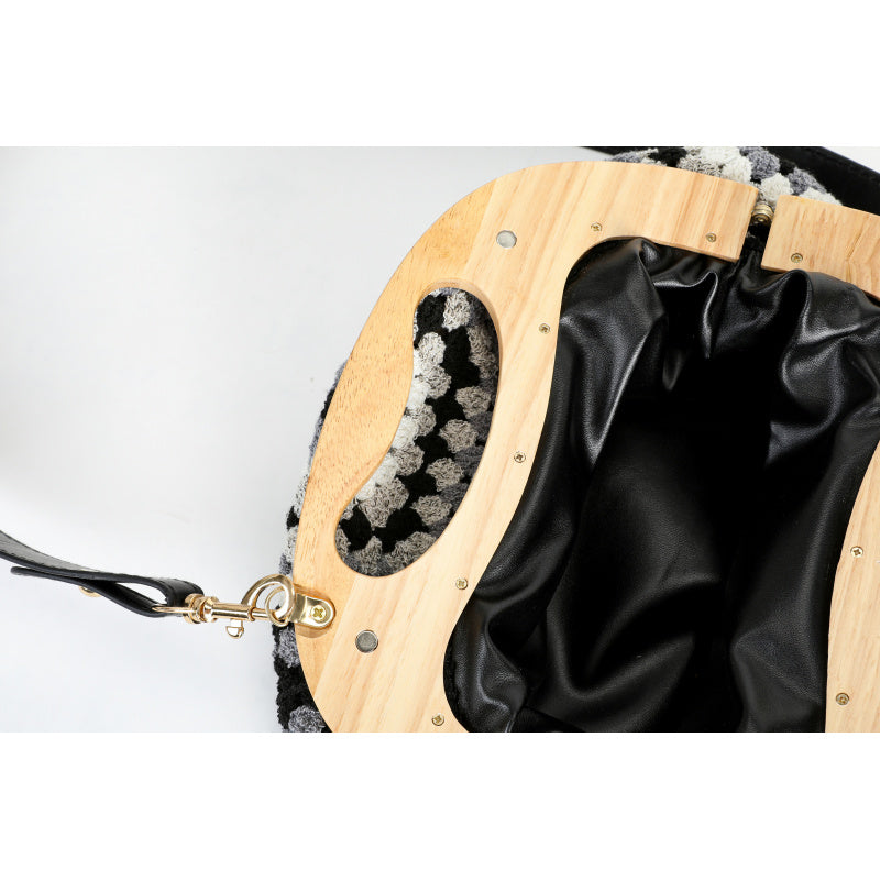 Vintage Handmade Black and White Crocheted Wooden Handle Crossbody Bag Leather Long Shoulder Strap+Metal Fasteners Mori Artistic Woven Bag