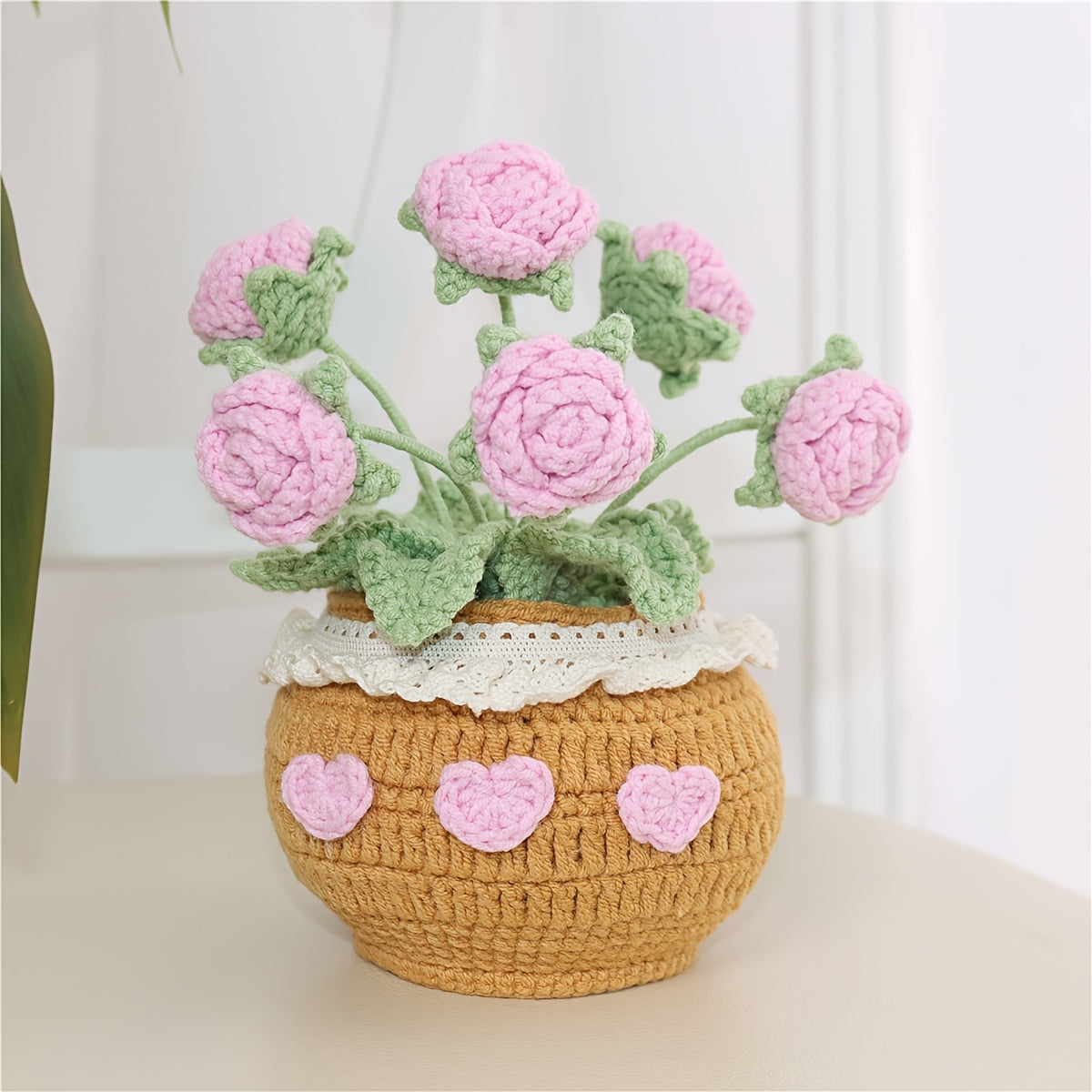 1Crochet Yarn Flower Pot Plant Car Ornament Eternal Flower Yarn Ornament Bonsai Gardening Handmade Crochet Lucky Tulip Yarn Potted Plant Artificial Living Room Decoration Father's Day Mother's Day Graduation Season Halloween Christmas Decoration Artificia