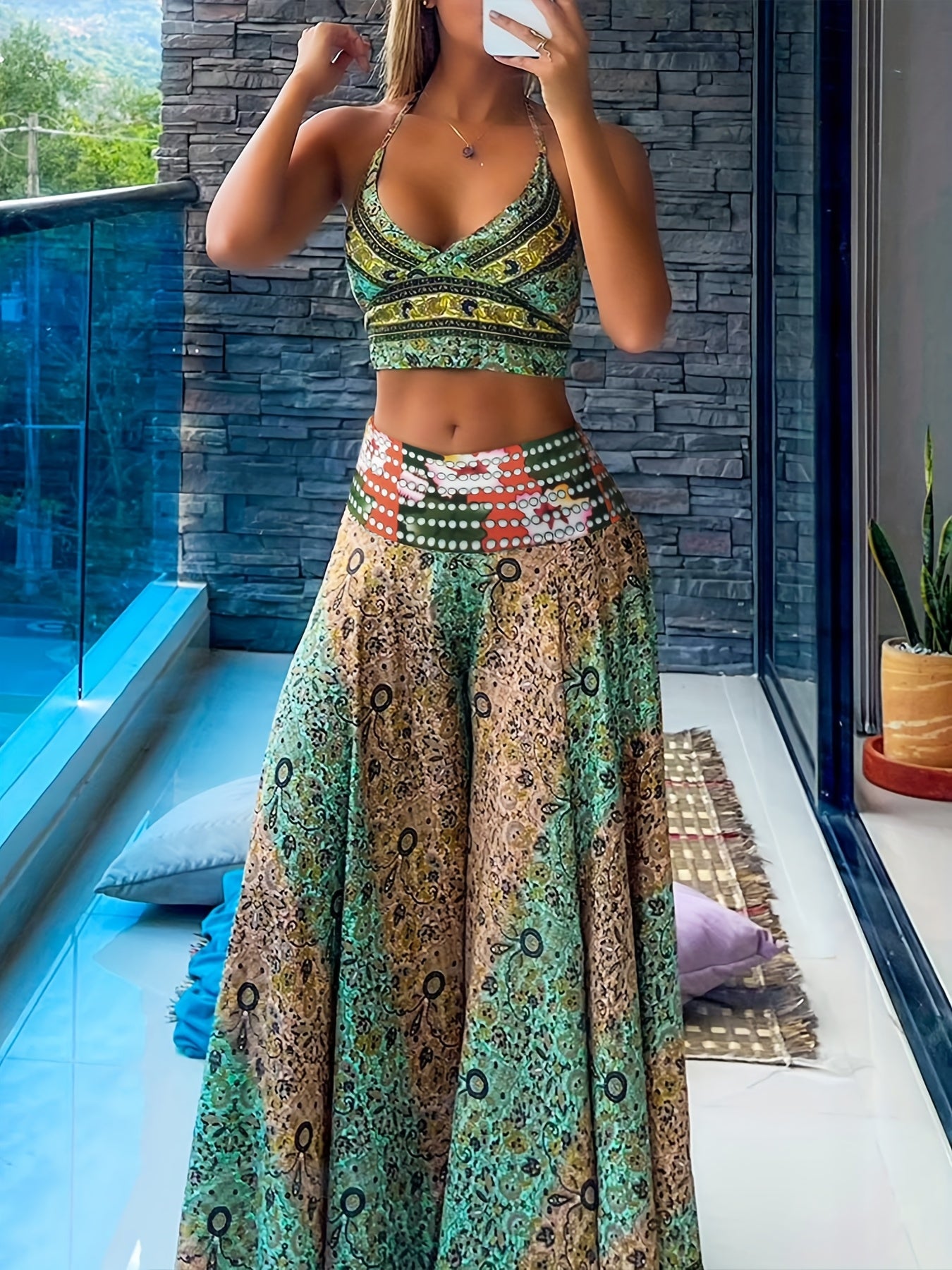 CHICME Elegant Geometric Print Crochet Top & A-Line Flare Pants Set - Sexy Short Sleeve, Waist Color Block, Shirred Detail, Polyester Blend, Perfect for Spring/Summer, Casual Attire|Geometric Print Top|Polyester Blend