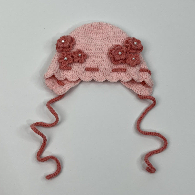 Customized products Handmade Crocheted Flower Decorated Baby Hat Cute Drawstring Baby Hat