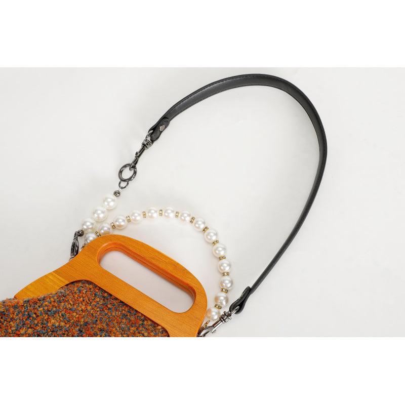 Elegant French Handbag Multicolored Wool Body Wood Handle Detachable Pearl Chain