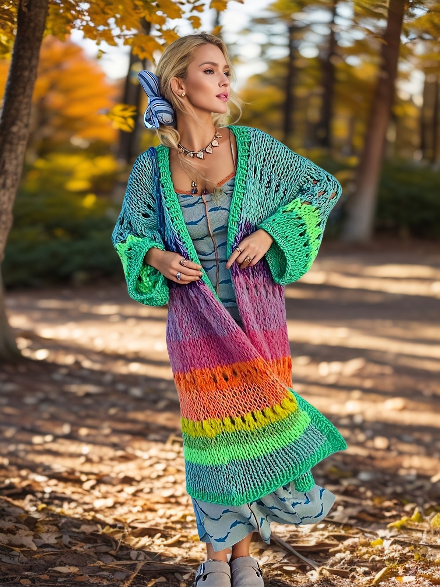 Luxurious hand- colorful Women's warm coat gradient bright color retro lantern sleeve ribbon cardigan fashionable boho long chic Women's coat Swimsuit Cover-ups K12