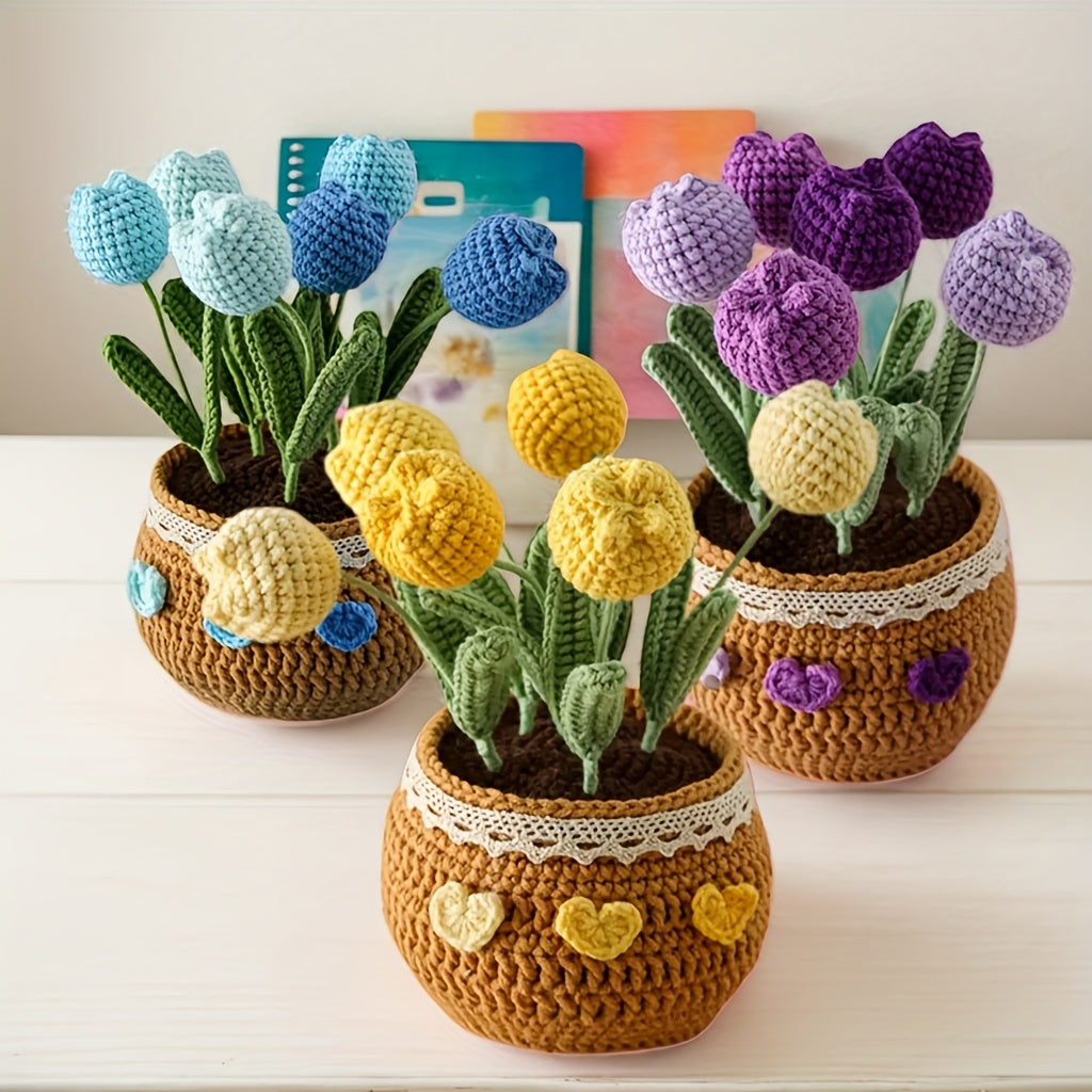 Heartfelt Gift Handmade Crochet Artificial Tulip Potted Plant Yarn Craft Home Decoration or Office Decoration