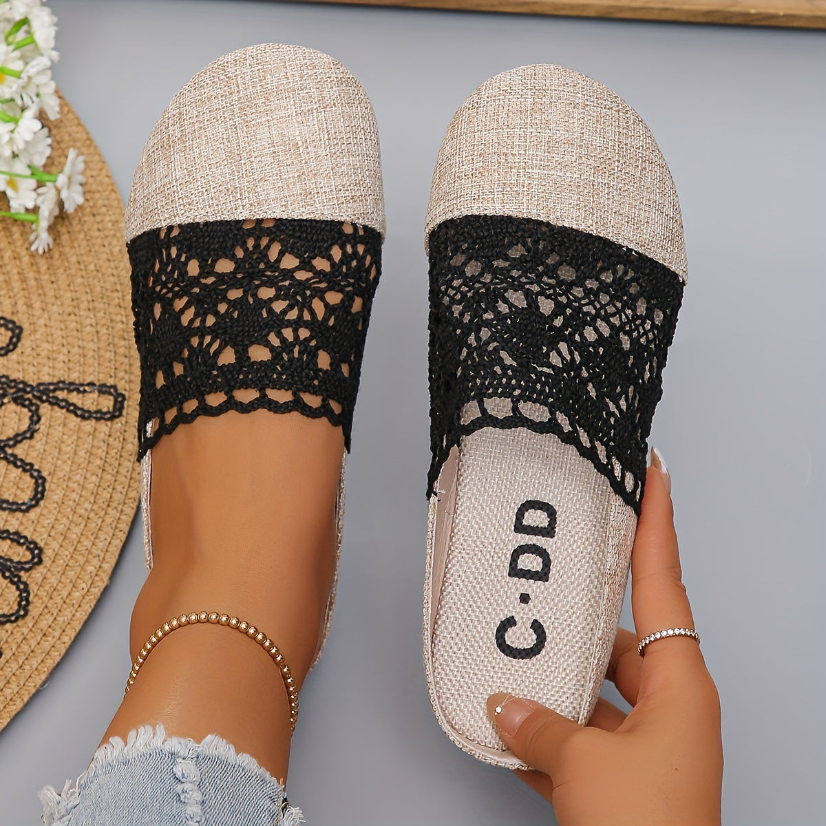Women'S Casual Slip-On Mules - Breathable Linen and Mesh Summer Sandals, Flat Heel, Lightweight TPR Sole, Outdoor Comfort, Crochet Shoe Design | Knitted Texture Footwear, Comfortable Footwear | Crochet Pattern | Breathable Sandals