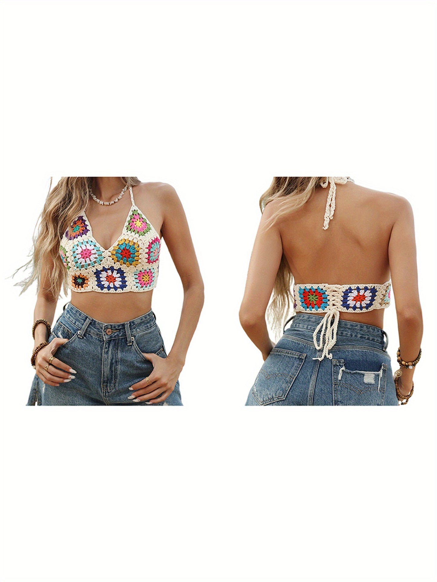 Womens Cami Tops Sleeveless Tie Halter Neck Crochet Floral Camisole Tops Summer Shirts