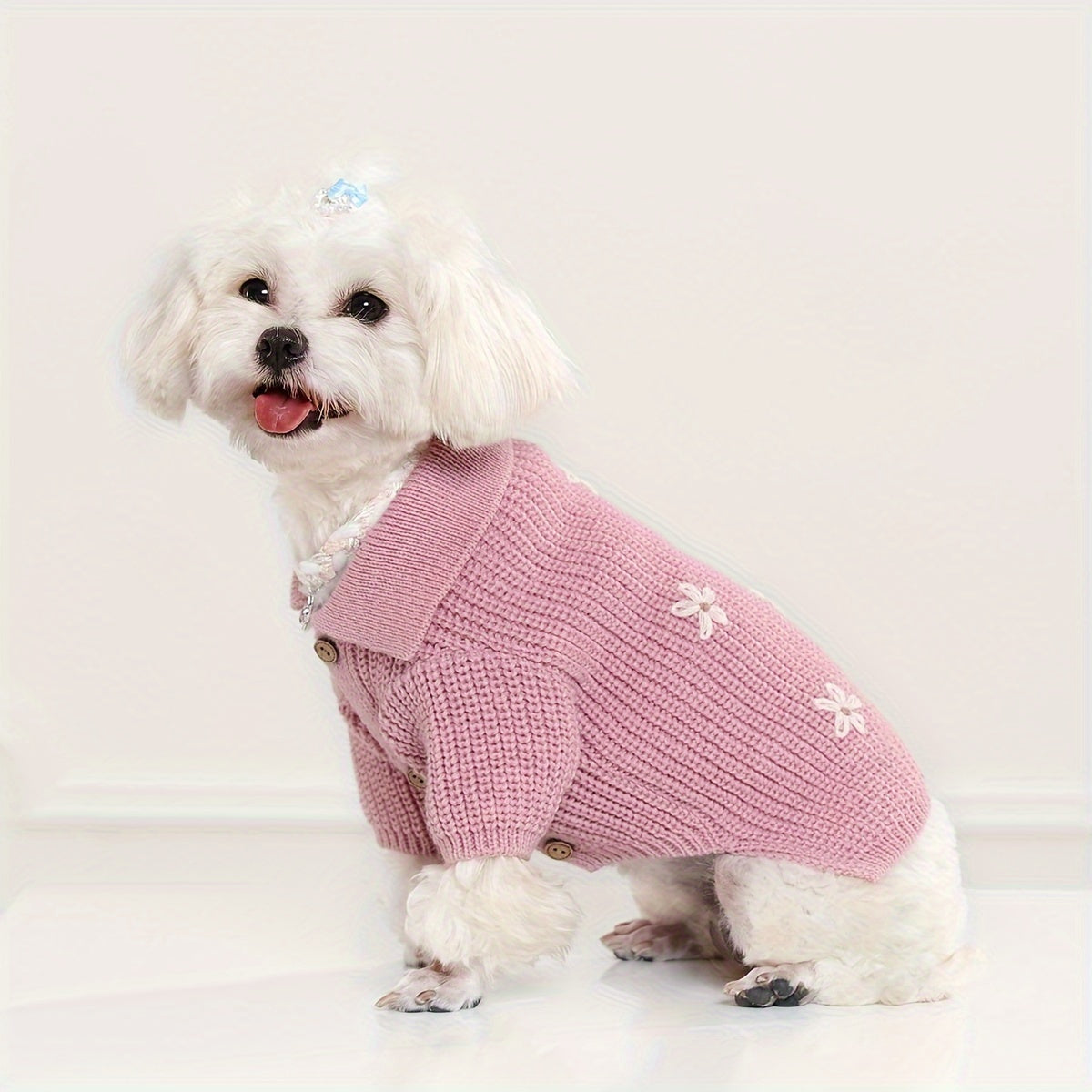 1Soft Knitted Pet Sweater,With floral button closure - All-Season Small Dog and Cat Cardigan,Pink and white edge design,Durable and Comfortable Pet Clothing,Exquisite Sewing,Breathable Material,Exclusive for Cat Lovers
