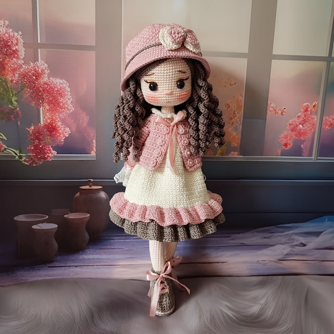 1 Set of Little Girl in Pink Dress with Beautiful Hat, DIY Crochet Material Pack for Adults Includes Yarn, Hook, English Manual and Step-by-Step Video Teaching, Perfect Holiday Gift, Easter, Valentine'S Day, Birthday Present - Unfinished
