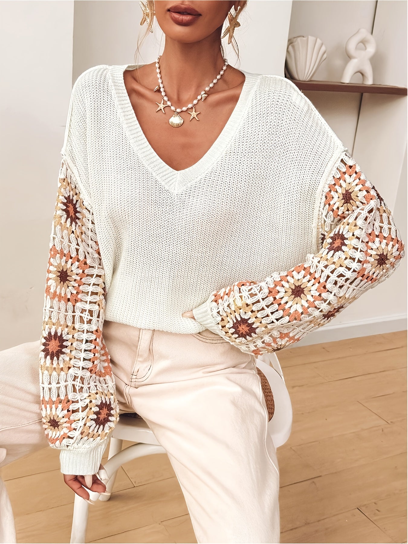 Women's Handmade Crochet V-Neck Sweater - Ethnic Floral Pattern, Openwork Design, All-Season Lightweight Pullover, Elegant Boho Chic Style for Casual & Formal Wear, Versatile Fashion | Intricate Craftsmanship, Crochet Clothes