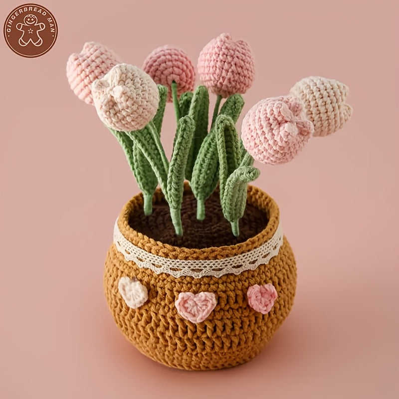 Heartfelt Gift Handmade Crochet Artificial Tulip Potted Plant Yarn Craft Home Decoration or Office Decoration