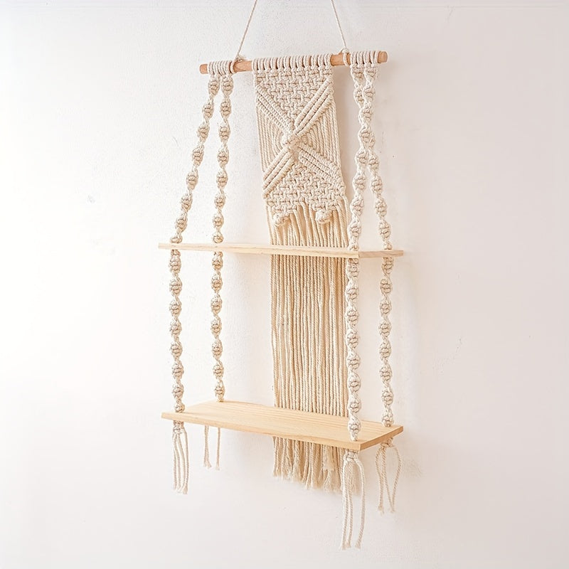 Bohemian Style Handwoven Wall Hanging,Double-layer Floating Rack,Natural Wood Style Home Decor Storage Rack,Suitable for bedroom and bathroom,Plant Display Stand with Rope,Indoor Use