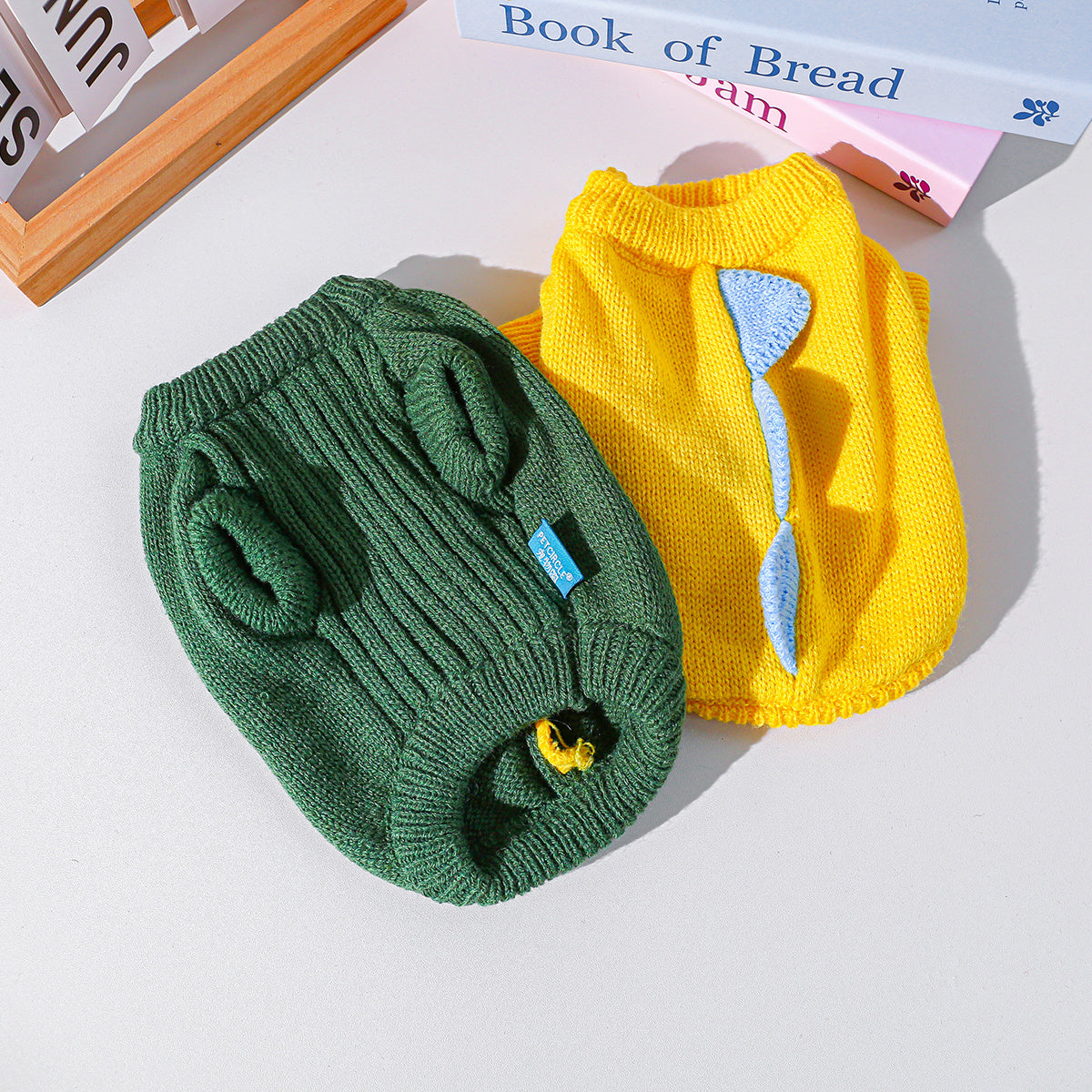 2 Piece Set Dinosaur Sweater Set - green + Yellow Pet Supplies Puppy Supplies Cat Supplies Sweater Set with High Collar