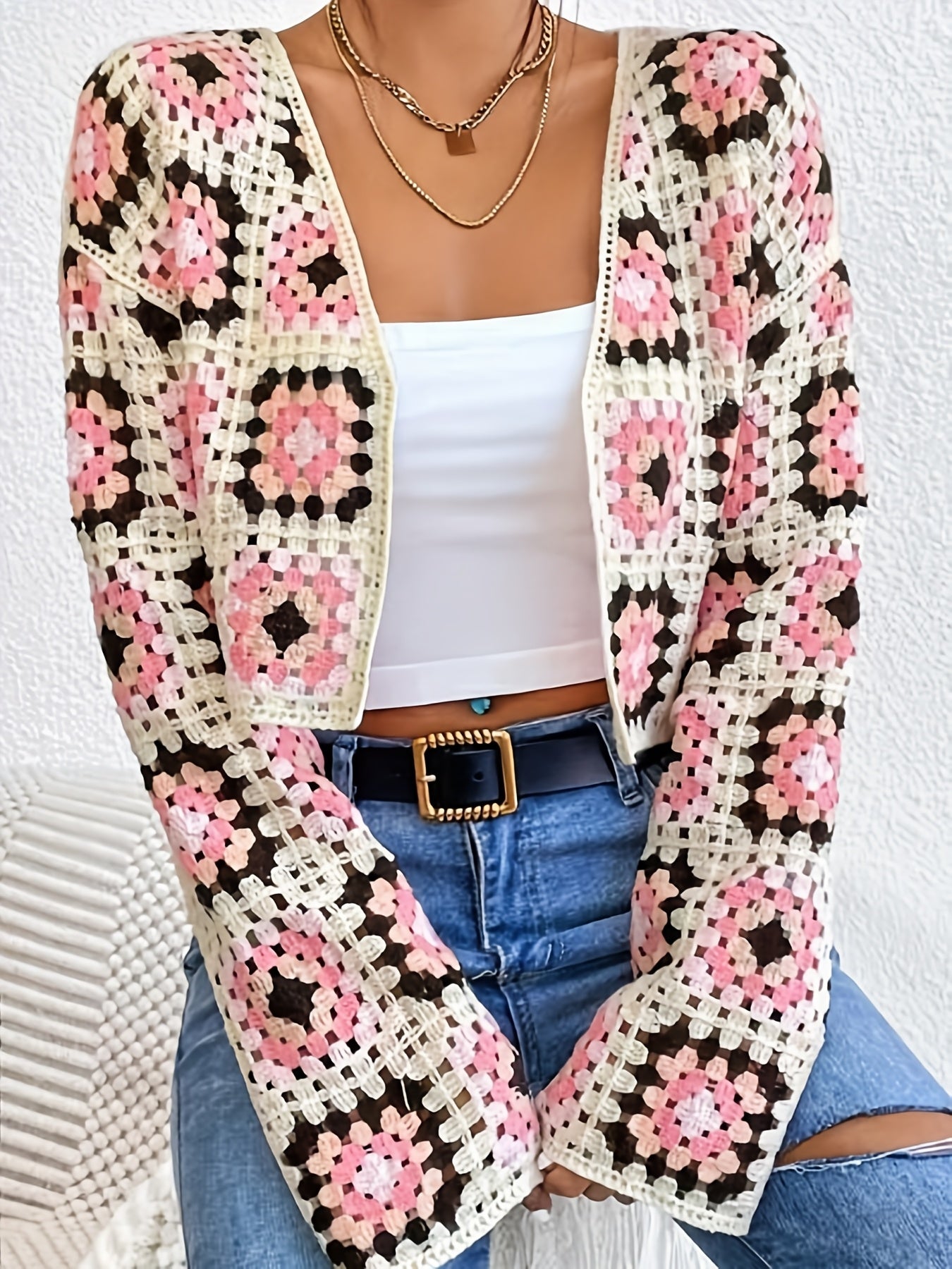 Women's Bohemian Cardigan - Open Front Placket Semi-Sheer Long Sleeve Grid Pattern Crochet Cover-Up, Loose Fit Spring Summer Layering Piece, Hand Wash Only, Lightweight Cardigan, Casual Coverup, Spring Outerwear, Elegant Openfront, Handwashable Fabric, In