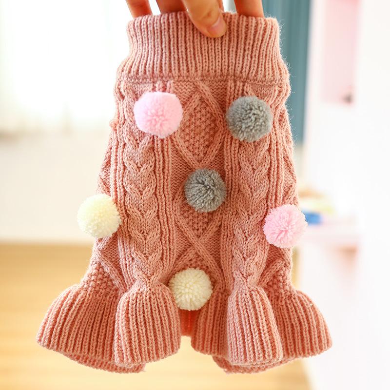 Puppy Pet Clothes Autumn Winter Knitted Warm Sweater Teddy Bichon Small Dog Pullover Yarn Dress-Pleated Wool Dress